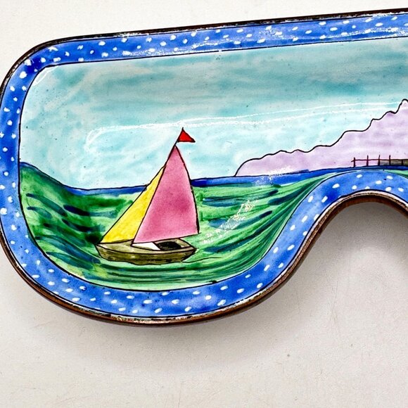 Hand-Painted Kelvin Chen Enamel Copper Eyeglasses Dish Tray Sailboat Scene 2001 - Picture 6 of 8